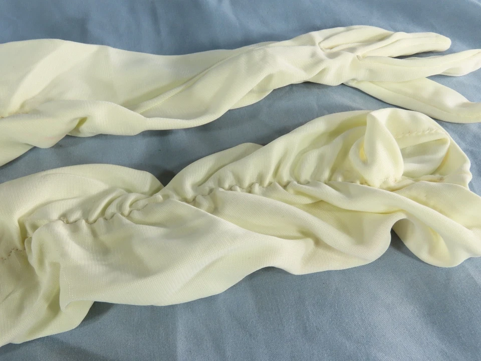NEW Vintage HANSEN IVORY NYLON KNIT GLOVES Elbow Length SHIRRED/RUCHED ARMS - Image 3 of 4
