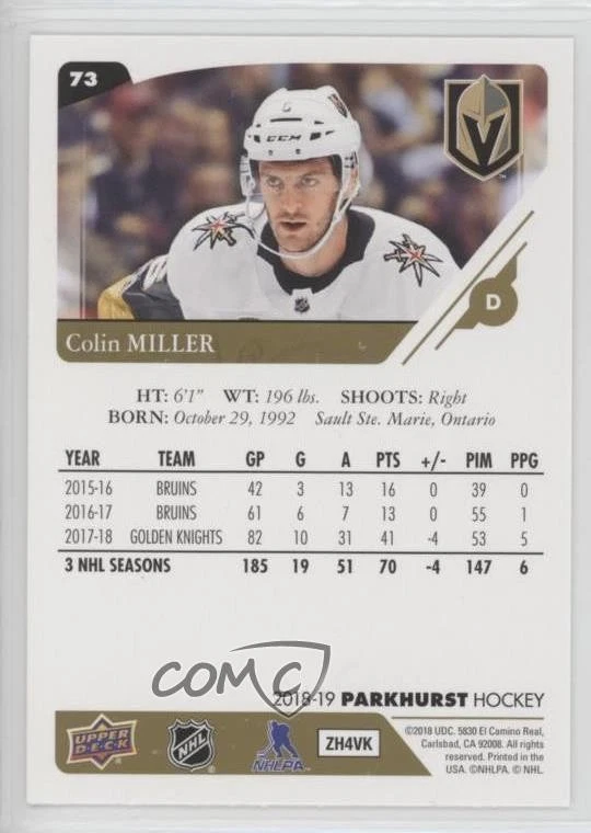 2018-19 Upper Deck Parkhurst Gold Colin Miller #73 - Image 2 of 2