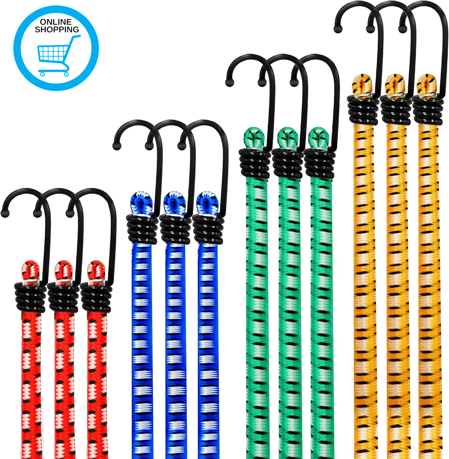 Bungee Cords with Hooks, 12 Pack Assorted Elastic Straps, Heavy Duty Uv-Resistan