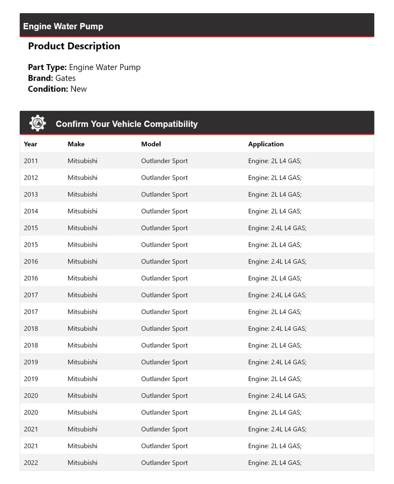 Para 2011-2022 Mitsubishi Outlander Sport Motor Bomba de Água Portões 2012 2013 2014 - Imagem 2 de 4
