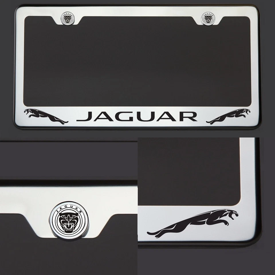 Polish Mirror Stainless Steel Fit Jaguar Black Laser Etched License Plate Frame - Image 2 of 4