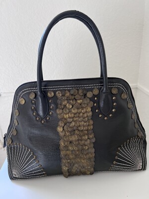 Stefanel Italy leather handbag women designer with coins and studs Brown Large
