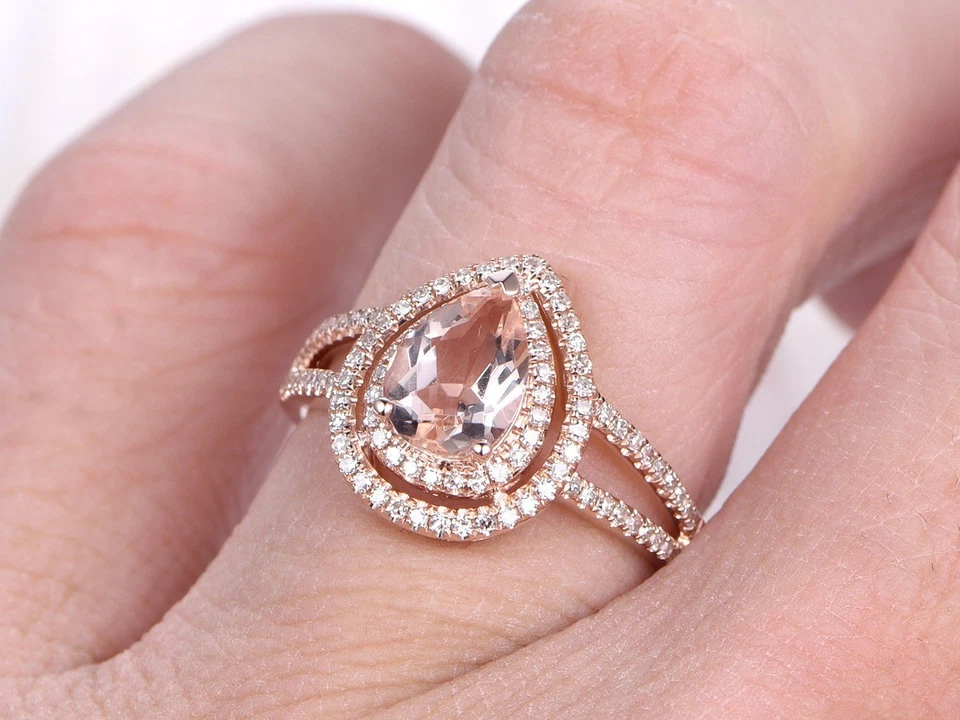1.2ct Lab-Created Peach Morganite Double Halo Engagement Ring Rose Gold Plated - Image 3 of 4