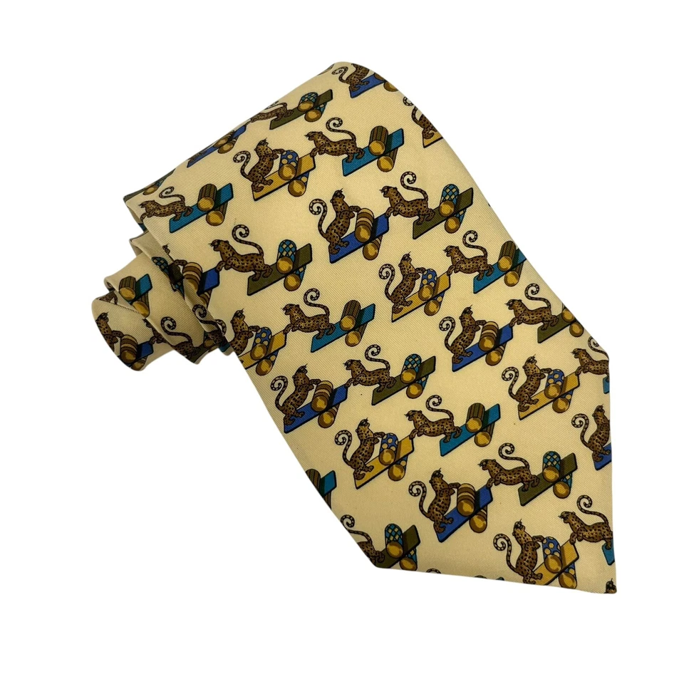 Salvatore Ferragamo Hombre Corbata Leopardo Guepardo Circo Amarillo Seda 3 7/8" x 55.5" Foto 3 de 4
