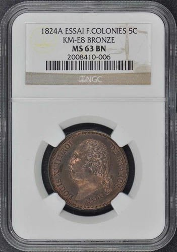 1824A ESSAI FRANCE 5C KM-E8 NGC MS63BN French Colonies Bronze