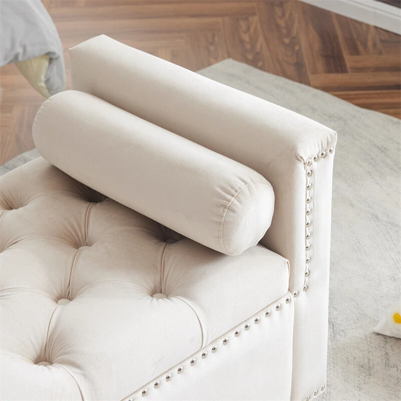 Asiento otomano de almacenamiento de banco tapizado de terciopelo Queen con borde de cabeza de clavo Foto 3 de 4