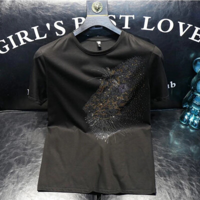 New Men Fashion Leopard Trend Hot Diamonds Rhinestones Summer Luxury T-Shirt