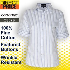 Womens Shirts Blouse Cotton Blue Business Stripe Formal Casual Office Tops White