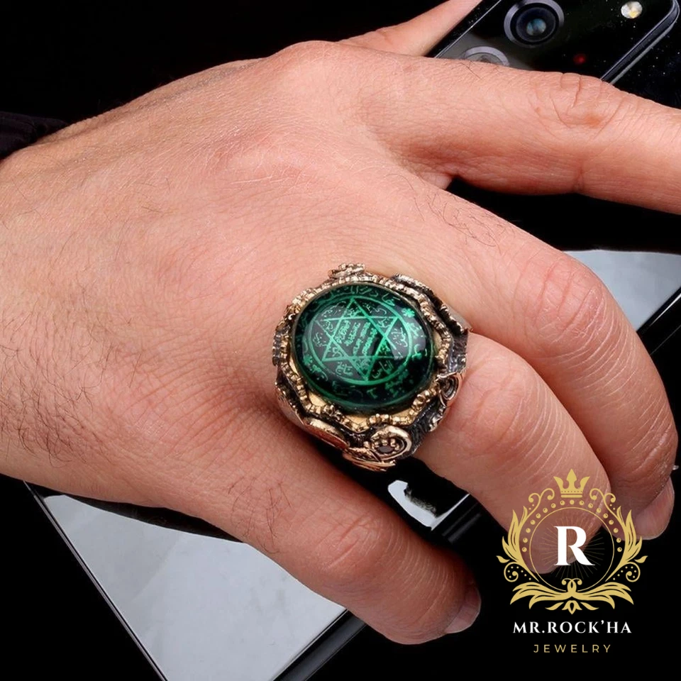 Anillo para hombre Sello de Salomón, chapado en oro, piedra ámbar verde, plata de ley 925 Foto 3 de 4