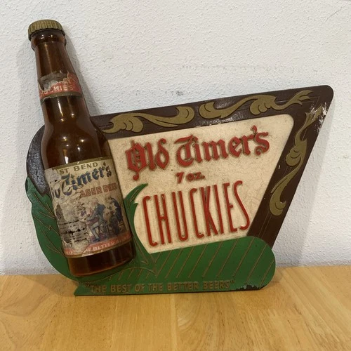 Vintage Embossed West Bend Lithia Beer Sign Old Timer’s Lager Beer 7oz Chuckies