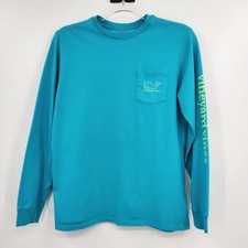 Vineyard Vines Whale Logo Graphic Tee Boys Size Large 16 Teal Long Sleeve Crew