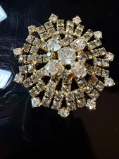 Vintage 1950s Rhinestone Starburst Brooch Large 2" Goldtone 2-Tier Snowflake Pin