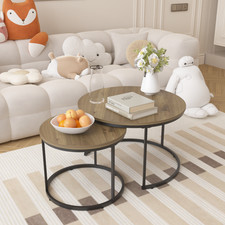 Nesting Coffee Table Set of 2, 27.6inch Round Coffee Table Industrial Wood