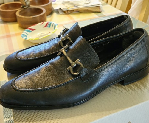 Salvatore Ferragamo Gancini Logo Black Leather Men's Loafers Size 8.5D heel taps - Picture 3 of 14