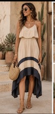 A’reve Beige & Navy Colorblock High Low Maxi Dress Size Small Boho Open Back