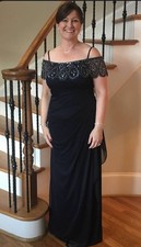 XSCAPE Formal Gown Size 12 Navy Blue Beaded Sequined Off the Shoulder Ruching