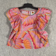 Farm Rio Palm Leaves Print XS Cropped Top Blouse Pink Multi 