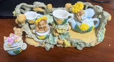 Miniature Teddy Bear Tea Set Flower Floral Resin Vintage , NEW
