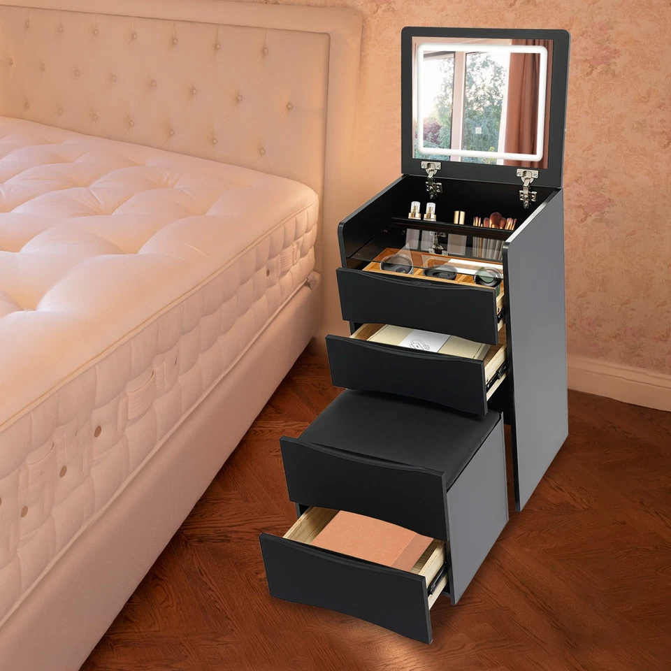 Tocador Escritorio con Espejo Iluminado Abatible, Tocador Escritorio con Taburete de Maquillaje Negro Foto 4 de 4