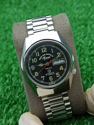 Vintage West End Watch Co Sowar Prima Automatic 17J Swiss Mens Black Dial Watch