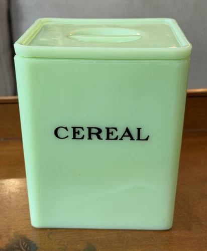 Uranium Jeanette Jadeite Jadite Green CEREAL Canister 48 Oz W/ Floral Lid Glows