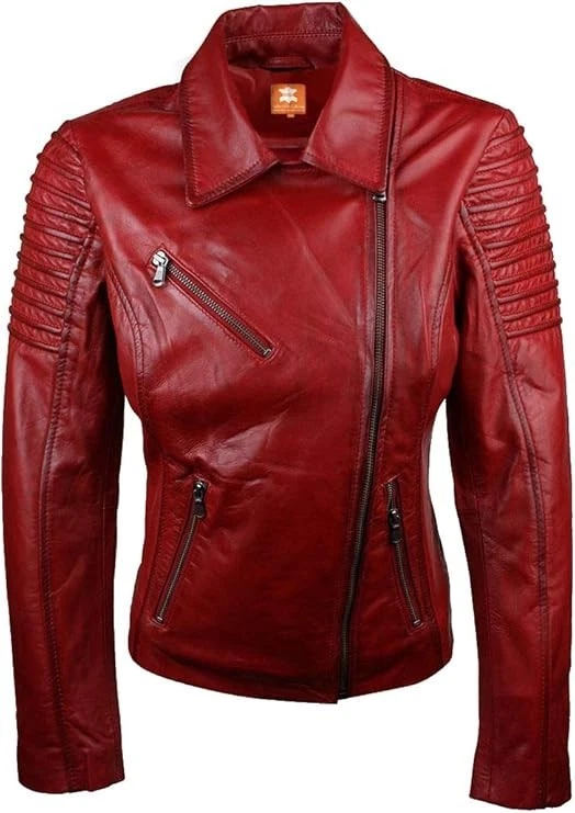 Womens Vintage Fashion Slim Fitted Soft Real Leather Ladies Casual Biker Jacket - Image 2 of 4