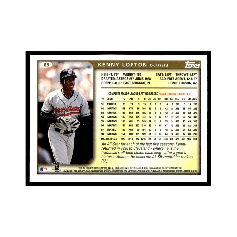 Kenny Lofton 1999 Topps #68 Cleveland Indians Baseball Card NM - Image 2 of 3