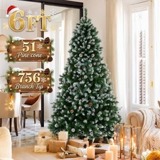 6ft Artificial Christmas Tree Snow Flocked Xmas Tree 756 Tips with 51 Pine Cone
