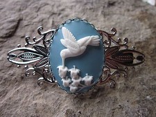 WHITE ON BLUE HUMMINGBIRD CAMEO SILVER FILIGREE BARRETTE - BRIDAL -WEDDING