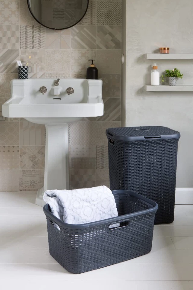 Coffre à Linge Sale Style 40L avec Couvercle - Aspect Rotin Texturé Bonne Aér... - Bild 3 von 4