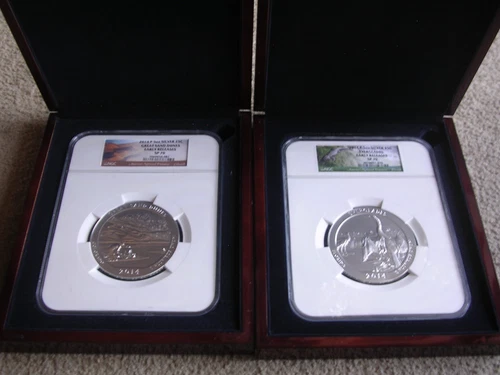 2014-P SAND DUNES & 2014-P EVERGLADES 5 OZ SILVER.  NGC SP 70 IN DISPAY CASES