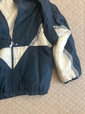 Vintage 90s Umbro XL Puffer Jacket Blue White Zip Off Hood