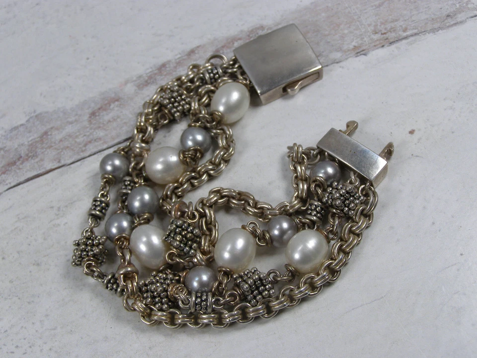 Brazalete grueso de cadena de perlas de plata esterlina de varios hilos Michael Dawkins Foto 2 de 4