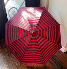 Vintage RED  BLACK STRIPE UMBRELLA Plastic Hook Handle