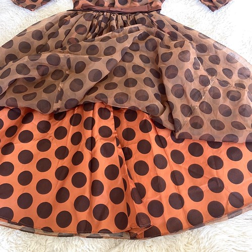 1950's VINTAGE Fit N Flare Polka Dot Chiffon Party Dress w/ Bow Belt - Picture 3 of 6
