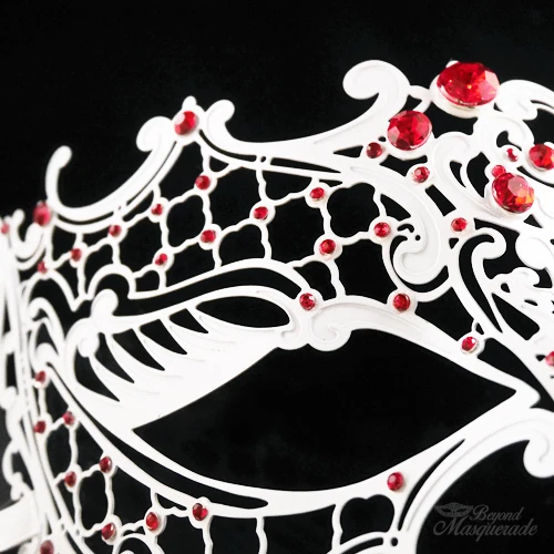 Woman Mask White Metal Phantom Venetian Ball Masquerade Mask Red Rihnestones - Image 3 of 4