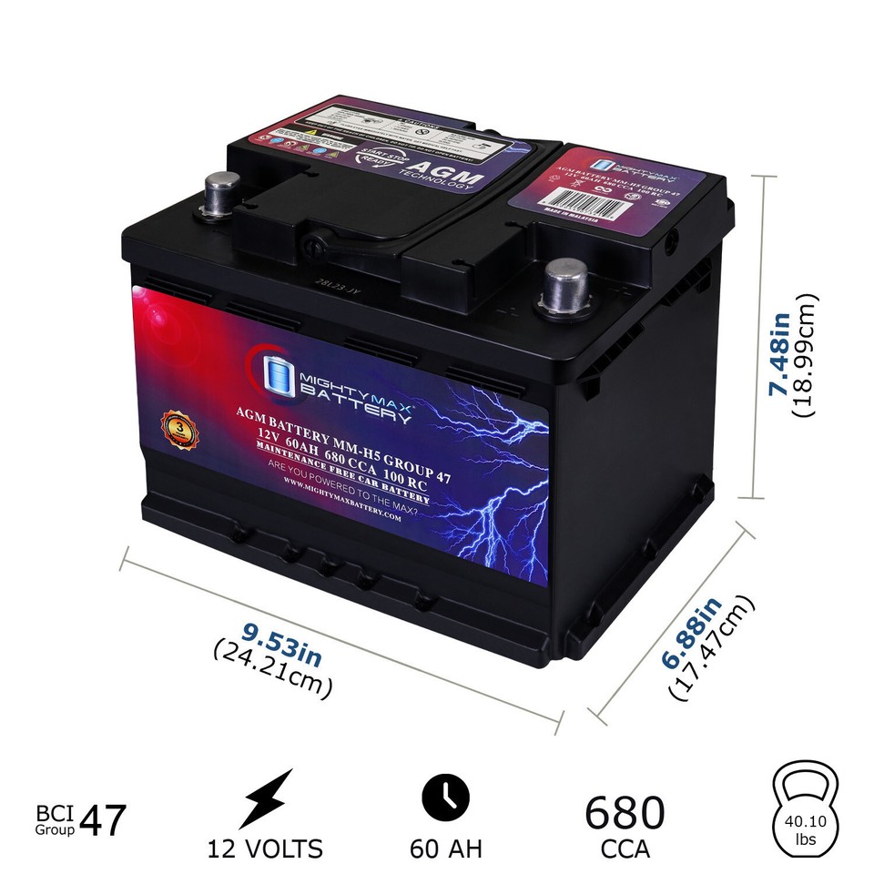 Mighty Max MM-H5 Group 47 12V 60AH 100RC 680CCA Battery Replaces BMW ...