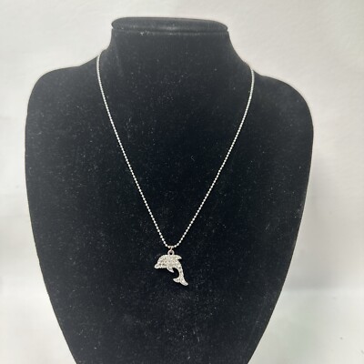 Rhinestone Silver Tone Dolphin Charm Necklace Reversible Lobster Clasp 18 in