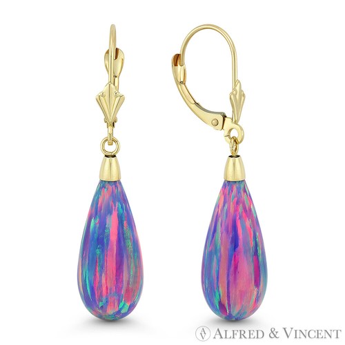Lavender Lab-Created Opal 14k Yellow Gold Leverback Tear-Drop Dangling Earrings - Picture 3 of 3