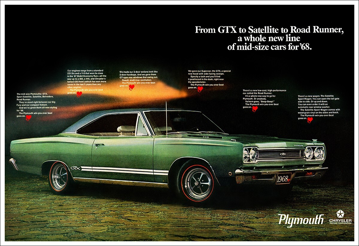 13x19 1968 PLYMOUTH GTX AD POSTER ART 440 426 HEMI MOPAR SATELLITE