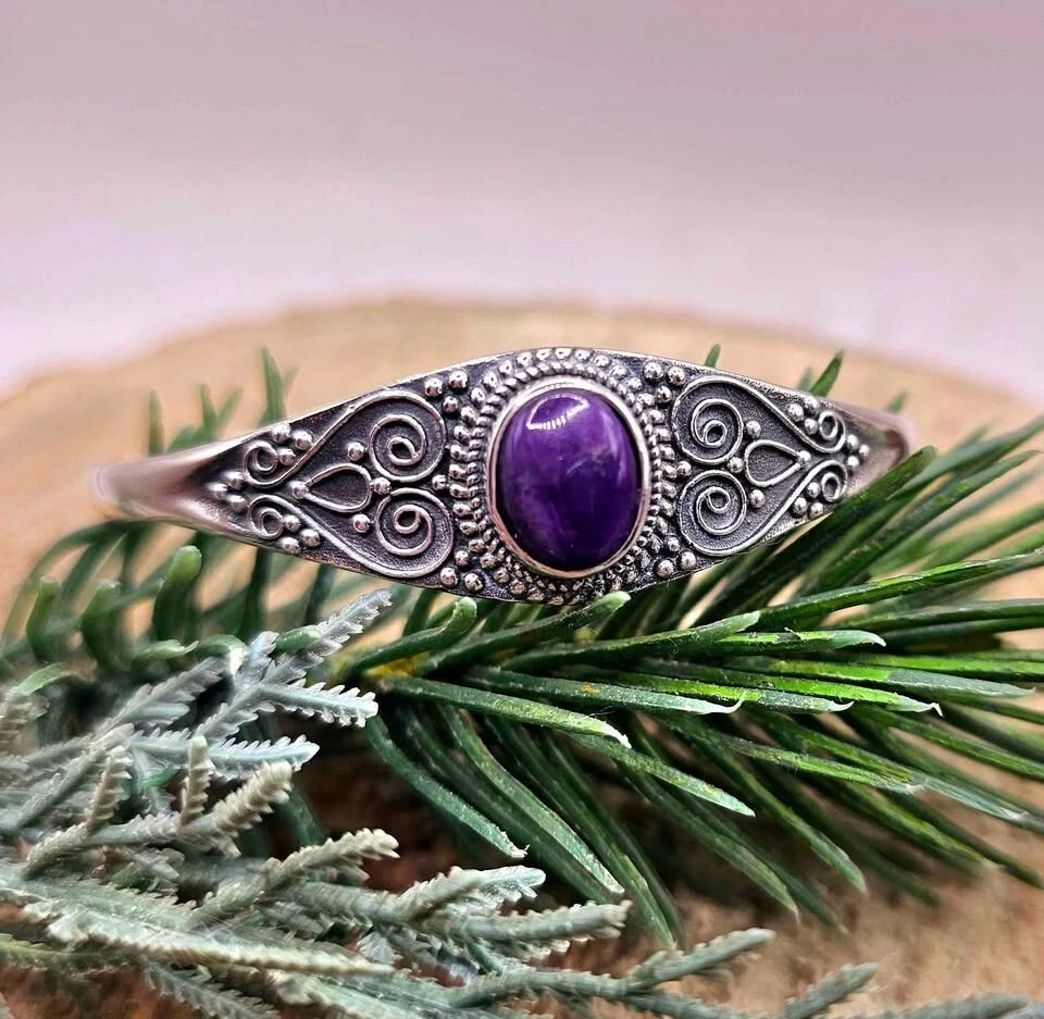 Nature Sugilite Sterling Silver S925 Stamped Cuff Bangle - Image 2 of 4