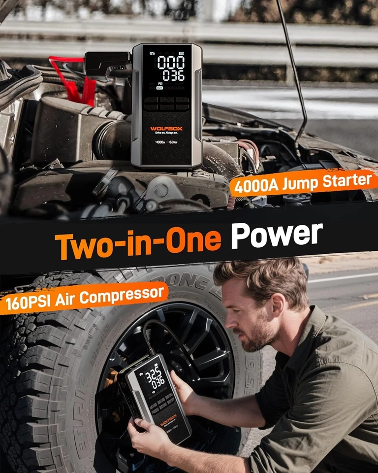 WOLFBOX Jump Starter with Air Compressor, 4000A Portable Car Battery Booster - Image 2 of 4