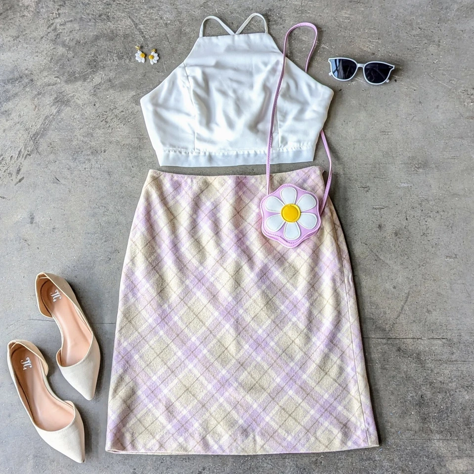 Falda lápiz vintage Ann Taylor púrpura a cuadros mezcla de lana talla 8