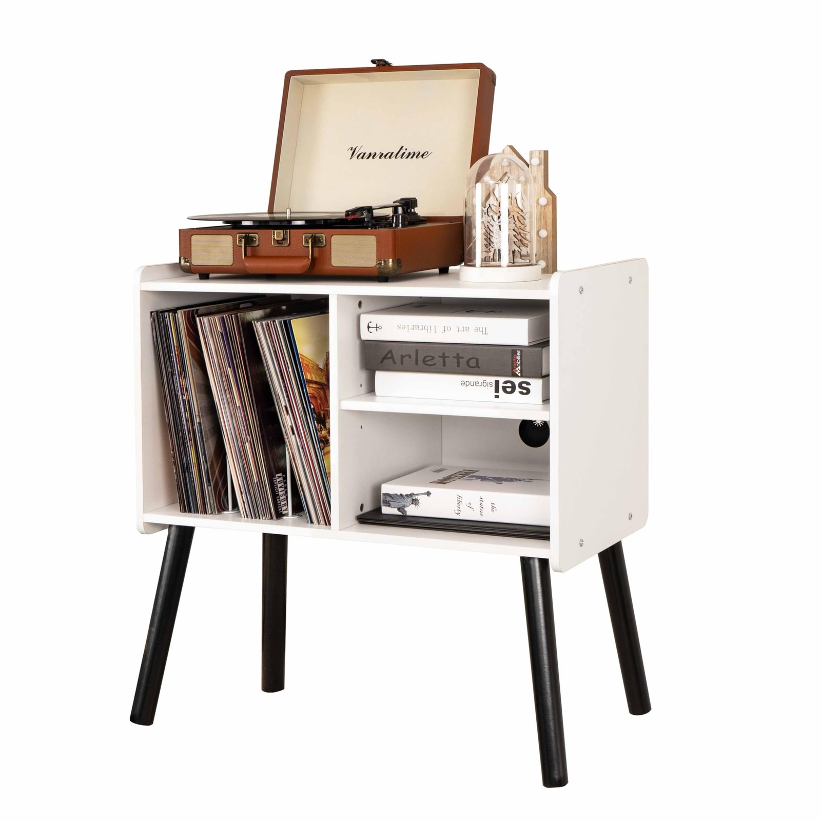 Mid-century modern record player stand with storage for vinyl and turntables  -image