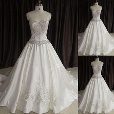 Satin Wedding Dress Strapless Luxury Beads Lace Applique Sweep Train Bridal Gown