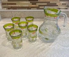 Vintage Embossed Glass Pitcher Set With (6) Glasses Green/Gold Design
