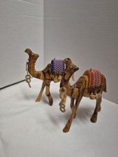 2 Vintage Hand Carved  Wood Camel Figurines 6×5 In