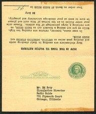 1937 US Reply Postal Card Radio Guide Magazine Chicago Ed Zoty Circulation Notic