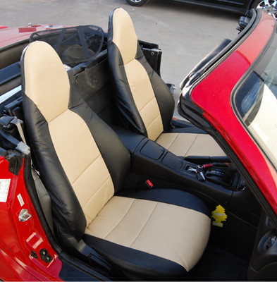 for MAZDA MIATA 2001-2005 IGGEE CUSTOM MADE FIT 2 FRONT SEAT COVERS BLACK/BEIGE