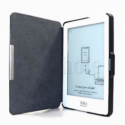 Schwarz Ultradünnen Leder Tasche Lederhülle Ruhemodus für eReader Kobo Glo ER A